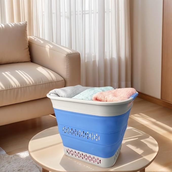 SAMMART 40L (10.5 Gallon) Collapsible Plastic Laundry Basket - Foldable Pop Up Storage Container/Organizer - Portable Laundry Hamper - Space Saving (1, Grey/Little Boy Blue)