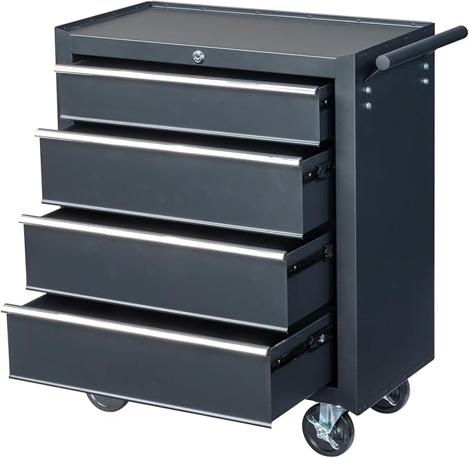 Metal Rolling Tool Box Organizer | Lockable Tool Chest with Wheels | Toolbox with 4 Sliding Drawers | Tool Storage Box Organizer for Garage Home Workshop & Tool Room
