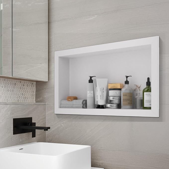 12" x 24" Stainless Steel Shower Niche, Single Waterproof Shelves, No-Tile Needed Bathroom Organizer, Rustproof Wall Shelf for Shampoo, Soap & Toiletries, White