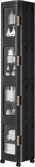 VECELO 4-Tier Tall Narrow Storage Cabinet with Movable Wheels, Adjustable Shelves, Anti-Tip, Slim, for Small Space, Bathroom, Kitchen, Laundry, Black