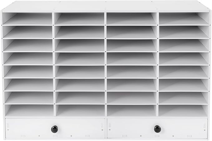 Literature Organizer 32 Slots Office Mailbox Cubbies PVC Desk Mail Sorter Organizer with Adjustable Panels & 2 Drawers for Office, Home, Classroom, Mailrooms, Bearing 110lbs (White)