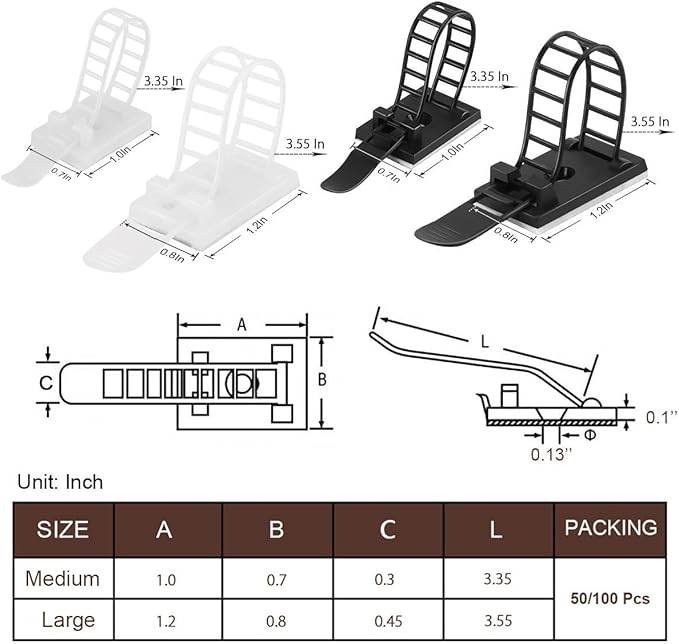 Adhesive Cable Management Clips, 50Pcs Adjustable Nylon Cable Strap Ties Wire Clips Clamps Organizer with Strong Adhesive Tape, Extra Screw & Hole for Strong Fixation Home Office - 3.35 Inch White