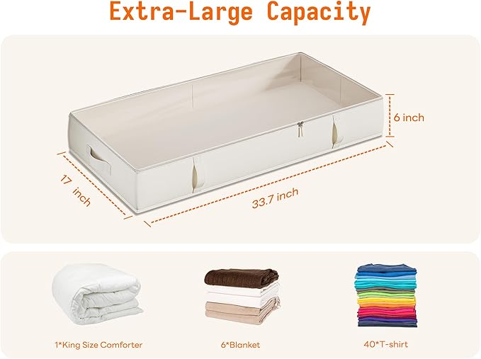 Vailando Storage Containers, 6 Inches Tall 60L Underbed Storage Bins with Sturdy Handles and Sidewalls, Closet Organizer for Clothes, Blankets, Seasonal Items, Beige, 2-Pack