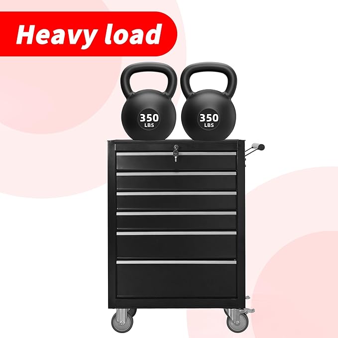 6-Drawer Rolling Tool Chest Cabinet, Large Capacity Metal Tool Box with Wheels and Locking, Roll Around Storage Organizer Tool Cart for Garage, Warehouse, Work Shop - Black
