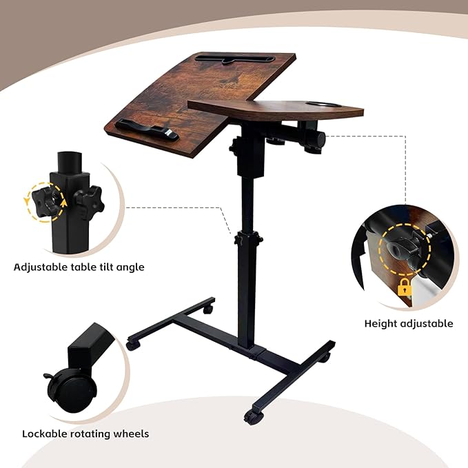 Overbed Table with Wheels Adjustable Height, Tiltable Desktop with Tray, Over Bed Table Rolling Bedside Tables, Medical Mobile Standing Desk, for Hospital Office Bedroom Sofa, Brown