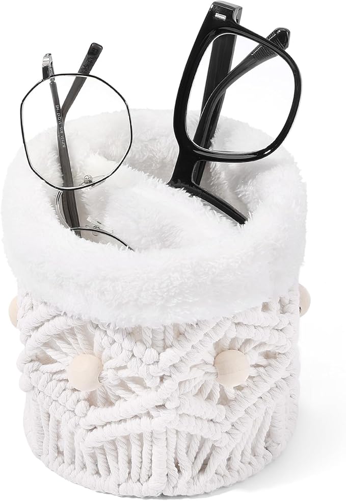 SNOWSTAR Plush Lined Eyeglasses Holder Stand for Nightstand,Boho Protective Eyeglass Holder with Wood Beads and 2 Compartments,Glasses Storage Organizer for Table,Desk,Nightstand,Office