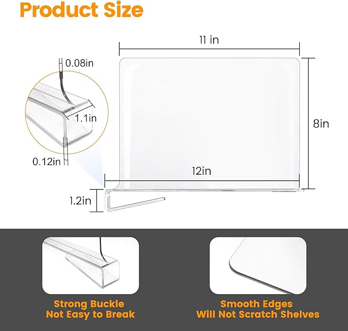 OKPOW Shelf Dividers for Closet Organization: 8" Tall X 12" Deep, Acrylic Clear Sturdy Separators for Clothes Purse, Adjustable, Removable, Easy to Install, Storage for Wood Cabinet Housewife, 8 Pack