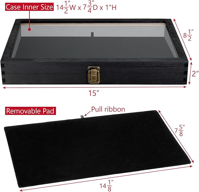 MOOCA 2 Pcs Wooden Jewelry Display Case, Pocket Knife Display Case with Tempered Glass Top Lid and Removable Black Luxurious MDF Velvet Jewelry Pad, Black Color
