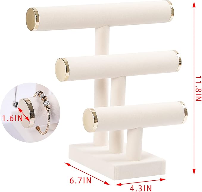 3 Tier Bracelet Holder,Bracelet Display Stand with Metal Cap,Beige White Velvet Jewelry Organizer Displays for Necklace Scrunchies Watches Hair Ties.