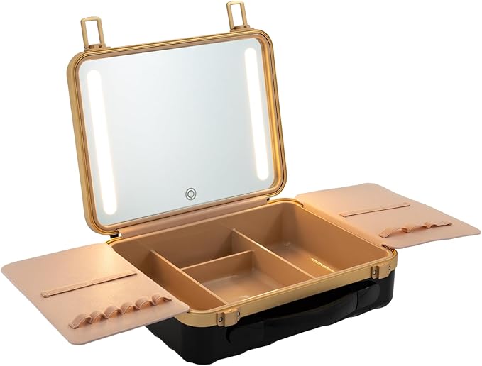 Portable Makeup Box, 11.42 * 3.54 * 8.66 In Travel Makeup Train Cases Cosmetic Organizer Portable Make Up Storage Box with Led Mirror for Makeup Artists Hair Stylists Nail Technicians (Black)