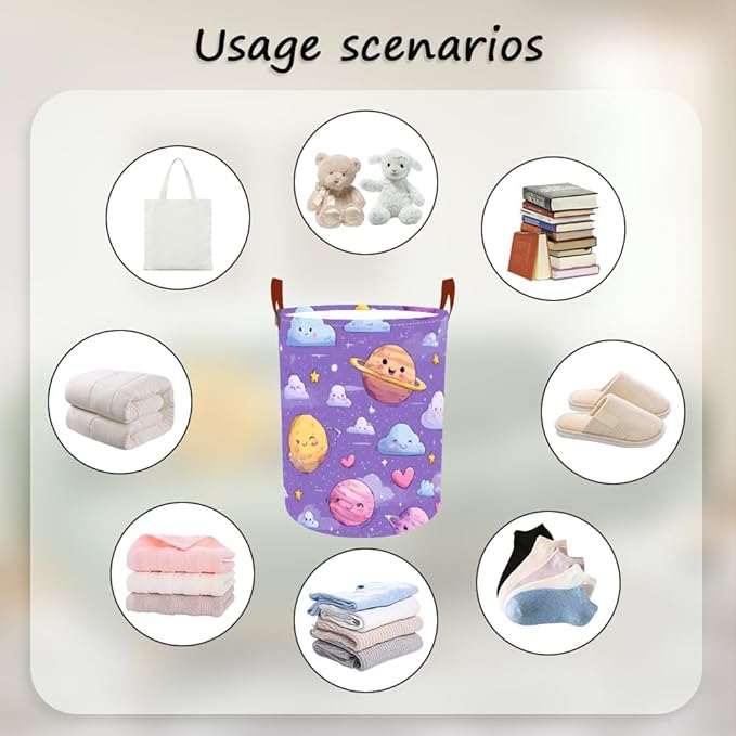 Laundry Baskets 15.7x19.7 Inch Large Cartoon Planets Clouds Design Collapsible Laundry Hamper with Handles Oxford Fabric Clothes Storage Bin Foldable Dirty Clothes Organizer for Bedroom Bathroom Dorm
