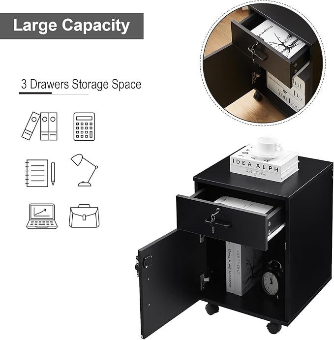 TUKAILAi Mobile File Cabinet with Lockable Drawer & Door, Under Desk Rolling Filing Cabinet with 4 Wheels, Wooden Stationery Storage Cabinet for Home Office (Black)
