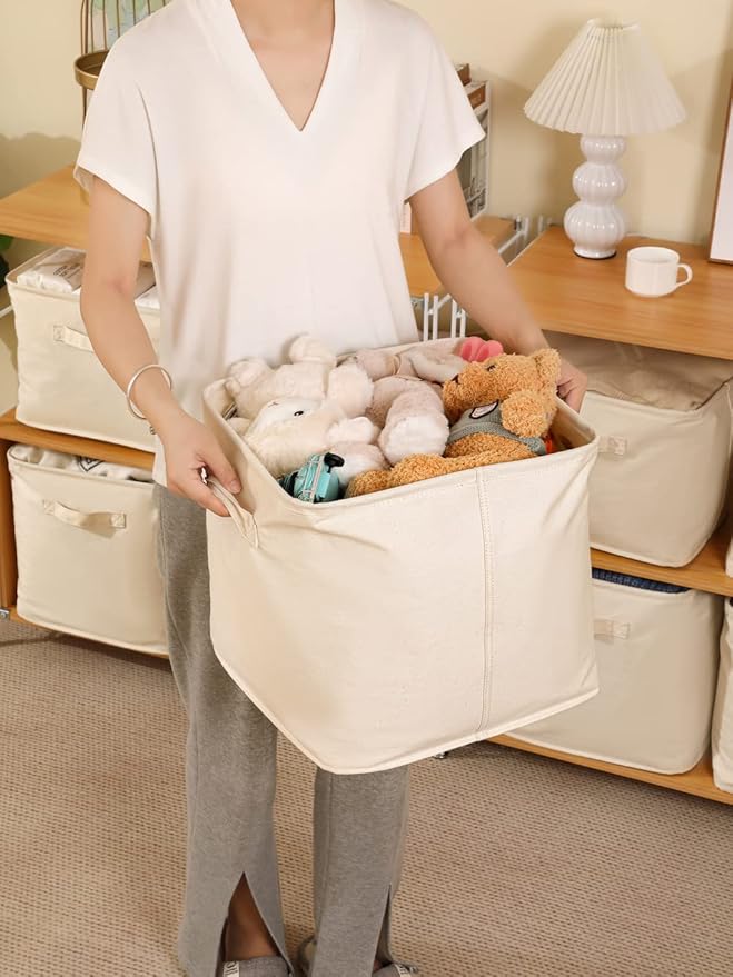 Decorative Basket Rectangular Fabric Storage Bin Organizer Basket with Handles for Clothes Storage (13.7 x 13.7 x 6.2, Beige)