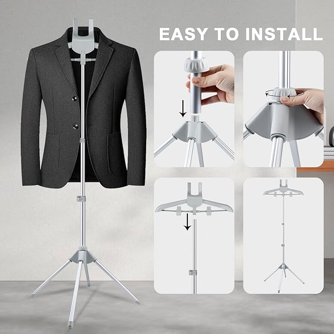 Foldable Garment Steamer Hanger Stand with Ironing Gloves, Adjustable Steamer Rack Included Lint Remover & Storage Bag 2 Clips for Suits Shirts Coats Portable Travel Home Use