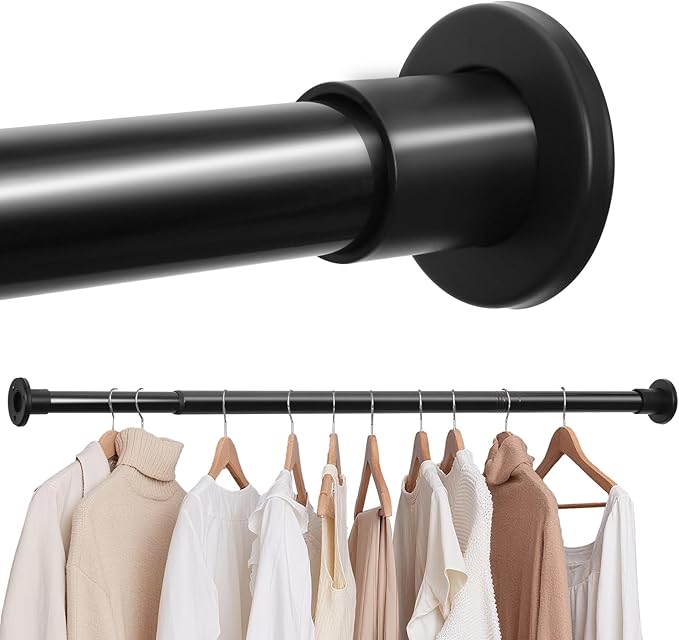 Black Adjustable Closet Rod 18-63 Inches, Heavy Duty Metal Clothes Hanging Rod, Rust-Proof Non-Slip Wardrobe Bar for Closet, Laundry Room, RV