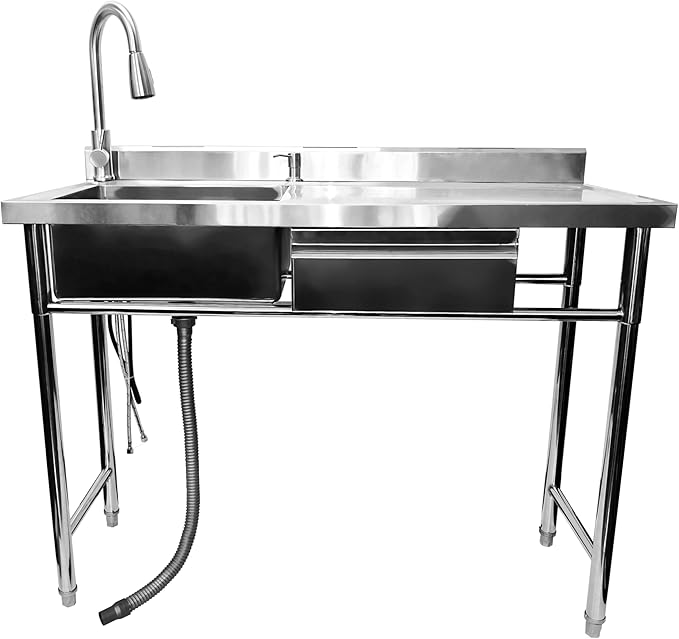 304 Stainless Steel Utility Sink with Faucet – Free Standing Single Bowl Kitchen Sink with Workbench & Drawer Storage, Hot/Cold Water Pipes for Laundry, Farmhouse & Outdoor Use 47”(SCTD-120R)