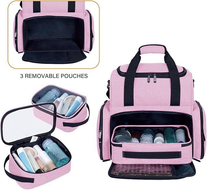 Large Makeup Cosmetic Bag with 3 Removable Case and 2 Removable Dividers Double Layer Travel Storage Organizer, Makeup Brushes Storage Section Pink