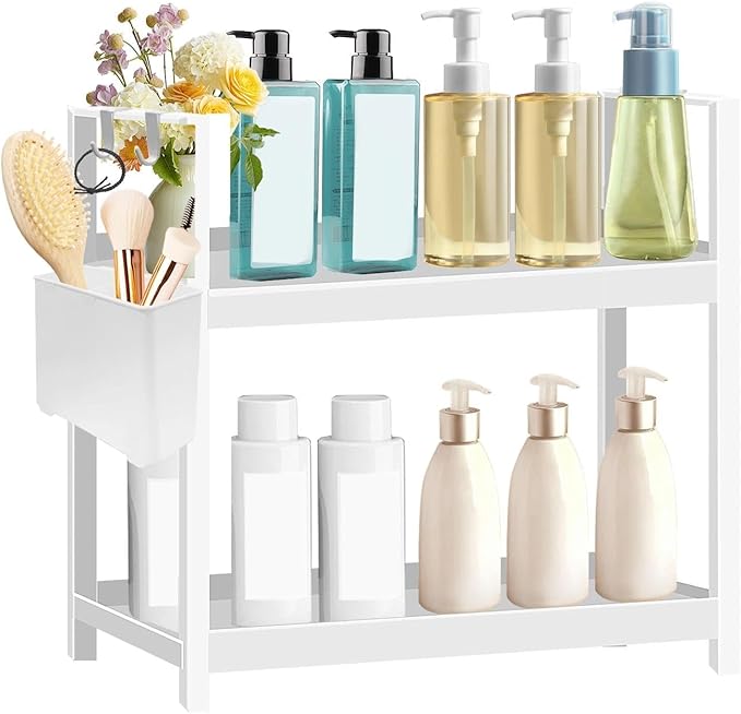 Bathroom Organizer with Basket & Hooks, 2 Tier Bathroom Organizers and Storage for Perfume, Cologne or Spice, White Countertop Organizer for Vanity, Kitchen, Office or Under Sinks