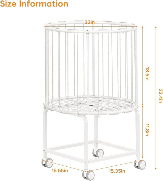 29-Gallon(110 L) Laundry Cart with Wheels,Rolling Round Metal Laundry Basket Cart with Elastic Cord,2 Locking Wheels-White