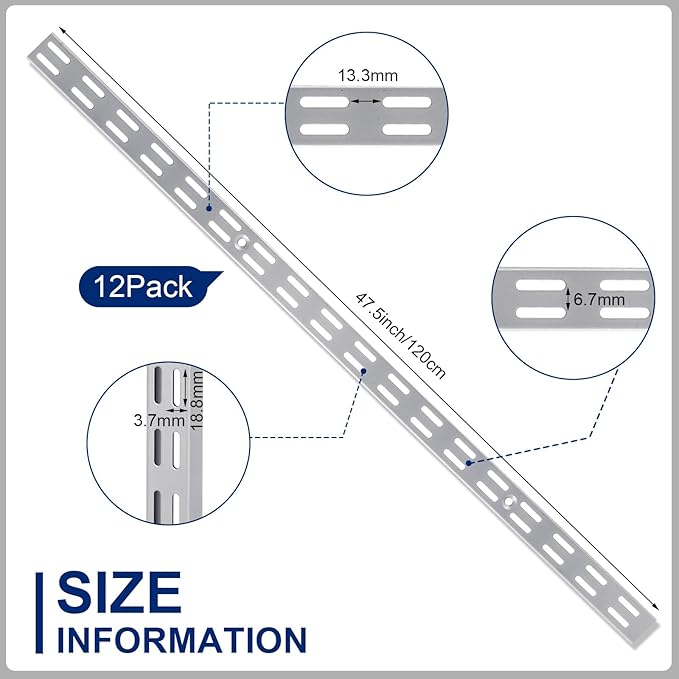 12 Pack 47 Inch Dual Track Upright Wall Shelving System Shelf Bracket Twin Slot Shelf Rail Twin Track Upright Heavy Duty Support System for Pantries, Linen Closets, Laundry Rooms (Silver)