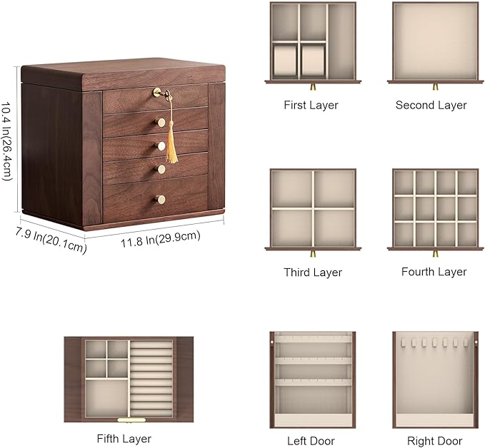 Black Walnut Wooden Jewelry Box, Wood Jewelry Organizer with 2 Side Doors Mirror Lockable Classical Style for Watch Necklace Ring Earring Storage Christmas Gifts-5 Layer