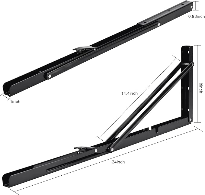YUMORE Folding Shelf Brackets, 24 Inch Heavy Duty L Bracket, Black DIY Collapsible Shelf Bracket for Workbench Folding Table Hinge, Max Load: 330lb, Pack of 2