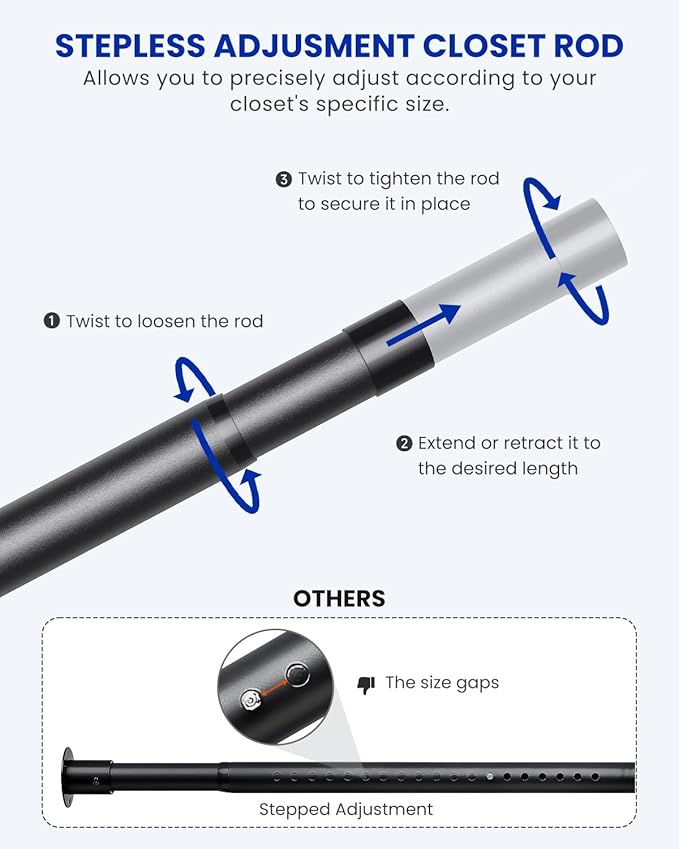 2 PACK Closet Rods for Hanging Clothes, 17 to 39 Inches Stepless Adjustable Metal Closet Rod, 1.3 Inches Heavy Duty Clothes Hanging Rod for Closet Wardrobes Laundry RV, Black