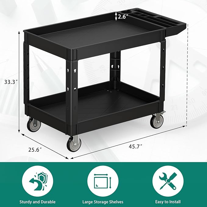 Heavy Duty Utility Rolling Tool Cart, 550 lbs Capacity Plastic Rolling Carts with 360°Swivel Wheels, 40 x 25 Inch Service Cart, 2 Shelf Work Cart for Warehouse,Garage, Cleaning, Black