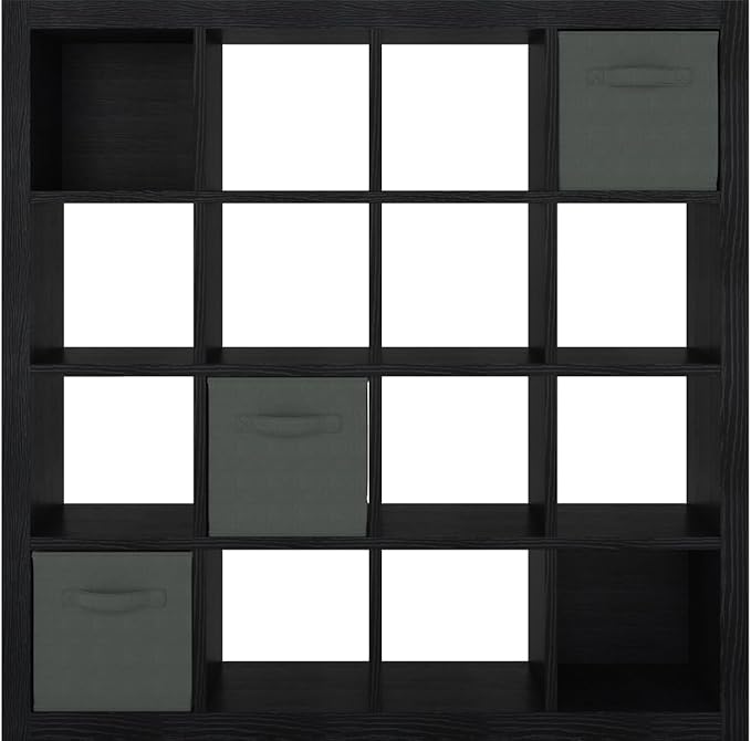 furtble Bookshelf with Storage Bins, 16-Cube Storage Organizer with Back Panels, Modern Wood Open Bookcase, Multifunctional Display Shelf for Living Room, Bedroom, Home Office, Black