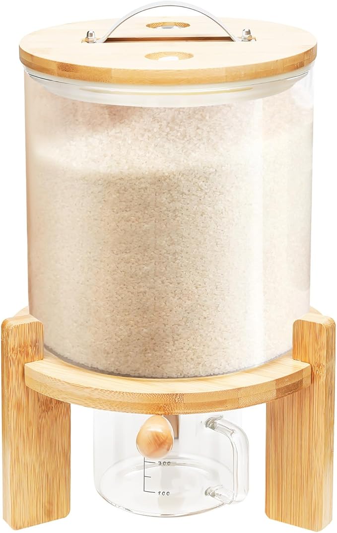 1.32gal Glass Rice Dispenser with Wooden Stand Flour and Cereal Container with Glass Measuring Cup Pantry Food Organization Storage Bin with Airtight Bamboo Lid for Coffee Beans Dry Food