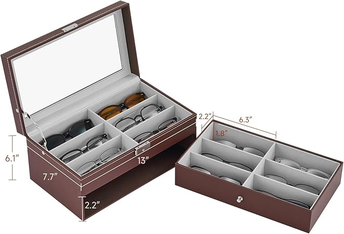 CO-Z Sunglasses Organizer with 12 Slots, Leather Eyeglasses Storage Box for Women Men, 2 Story Lockable Display Case for Multiple Glasses, Sunglasses Jewelry Collection Holder with Drawer, Brown