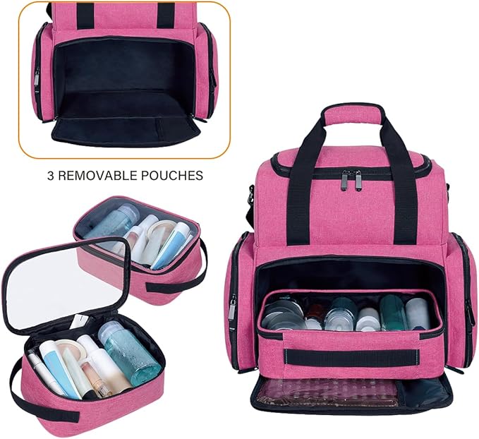 Large Makeup Cosmetic Bag with 3 Removable Case and 2 Removable Dividers Double Layer Travel Storage Organizer, Makeup Brushes Storage Section Rose Red