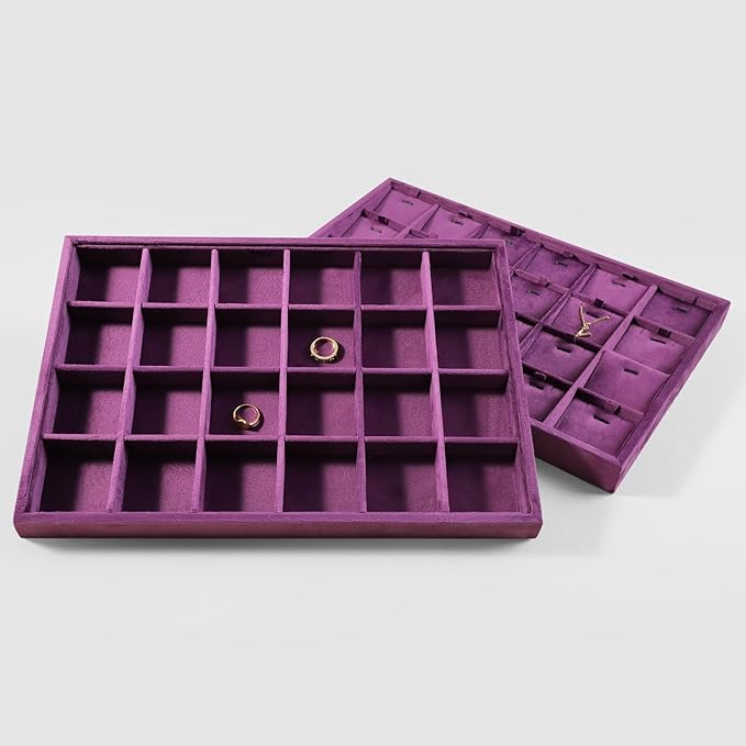 Velvet Stackable Jewelry Display Tray, 24 Grid Earring Ring Storage Tray, Drawer Divider Jewelry Accessories Organizer Plate (Purple)
