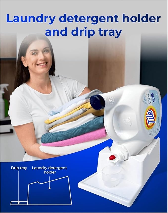 TidyFriend Liquid Laundry Detergent Holder Stand with Drip Tray & Rubber-Grip Feet, Stand for Laundry Room Organization and Storage, Fabric Softener Dispenser with Cup Holder for Easy Pouring (White)