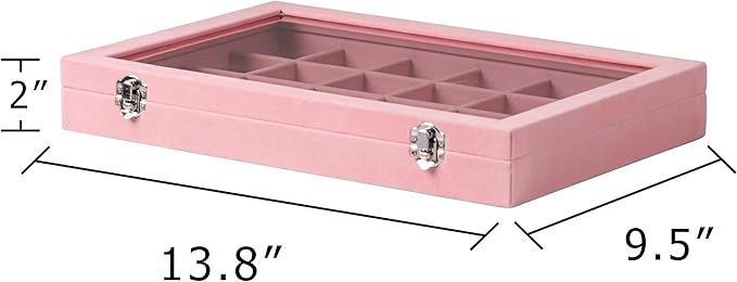 Frebeauty Jewelry Organizer Tray with Clear Lid 24 Grid Velvet Drawer Insert Jewelry Storage box with Transparent Glass lid Jewelry Display Case with Lock Gifts for Girls Women (Pink, 24 Grid)