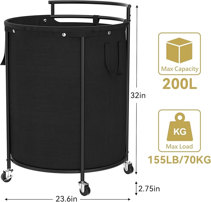 Chrislley 200L Laundry Basket with Wheels,2 section Rolling Laundry Hamper with Removable Bag,Round Laundry Cart with Steel Frame and Handle,Large Dirty Clothes Hamper for Laundry Room,Bedroom(Black)