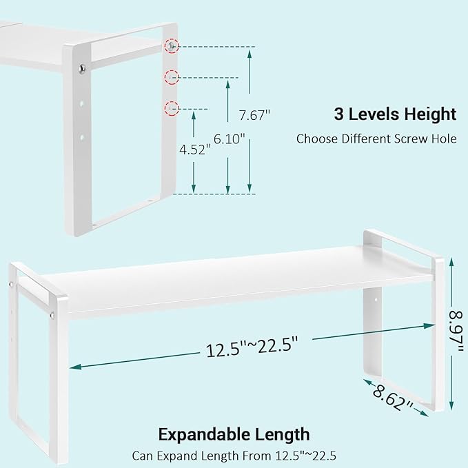 Expandable Cabinet Organizer Shelves, 88lbs High Weight Capacity, Heavy-Duty Metal Storage Rack, Adjustable Cabinet Shelf for Kitchen, Pantry, Cupboard, Under Sink, White, Patent Pending