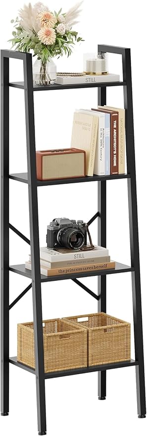 Hoctieon 4-Tier Industrial Ladder Bookshelf, Narrow Ladder Shelf, Tall Standing Bookshelf, Skinny Open Ladder Shelf, for Living Room, Home Office, Kitchen, Bedroom, Metal Frame, Black