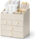 Vlando Makeup Organizer Countertop,Large Vanity Organizer PU Leather Make up Storage with 4 Drawers Perfume Organizers Cosmetic Display Case for Lipstick,Brushes,Bedroom-Beige