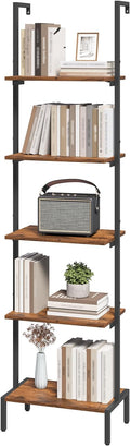 Ladder Shelf, 5-Tier Bookshelf, Ladder Bookcase with Wall Mount, Heavy Duty Industrial Style Storage Rack for Living Room, Office, Kitchen, Bedroom, Rustic Brown and Black LSHR5501