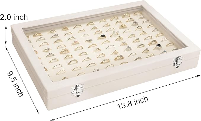 Velvet Ring Display Tray Organizer Box with Transparent Lid, 100 Slot Ring Holder Showcase For Store Display Jewelry Show Home, Ring Organizer For Rings Earrings (Beige)