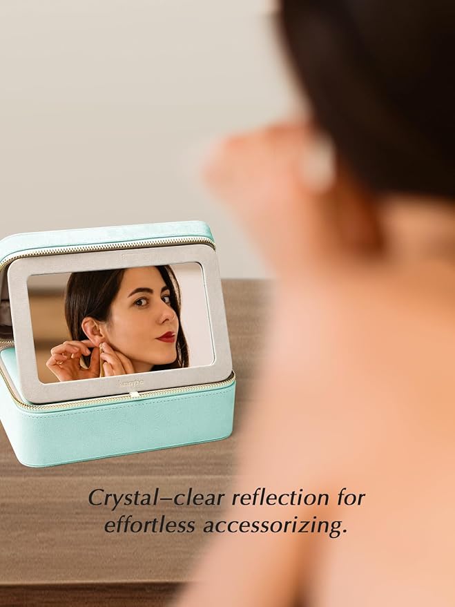 Velvet Travel Jewelry Box with Large Mirror, Double-Layer Jewelry Organizer Case for Women and Girls, Portable Storage Case with 6 Anti-Tarnish Bags Gift Ready for Her (Mint Green)
