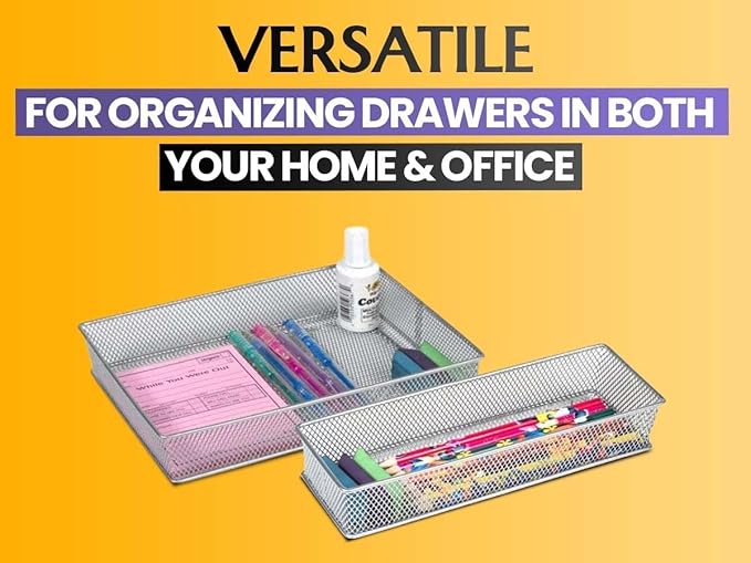 YBM HOME Silver Mesh Drawer Cabinet and or Shelf Organizer Bins, School Supply Holder Office Desktop Organizer Basket 1592s (1, 3x12x2 Inch)