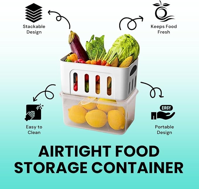 5-Pack Fruit Containers for Fridge Keep Fresh – Airtight Food Containers with Lids, Produce Saver with Removable Colander, Fridge Organizers, Microwave & Dishwasher Safe (White)