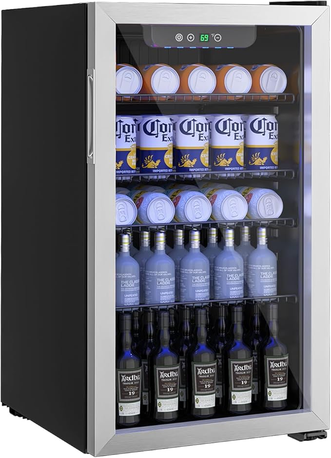Beverage Refrigerator and Cooler, 110 Can/3.1 Cu Ft Mini Fridge with Glass Door, Adjustable Shelves for Soda,Bee,Wine, Free Standing Small Refrigerator, Digital Display, for Home, Bar, Office