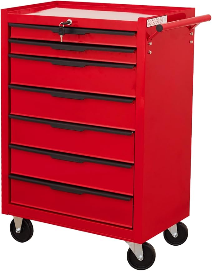 7-Drawer Rolling Tool Chest Cabinet, Large Capacity Metal Tool Box with Wheels and Cylinder Locking, Roll Around Storage Organizer Tool Cart for Garage, Warehouse, Work Shop - Red