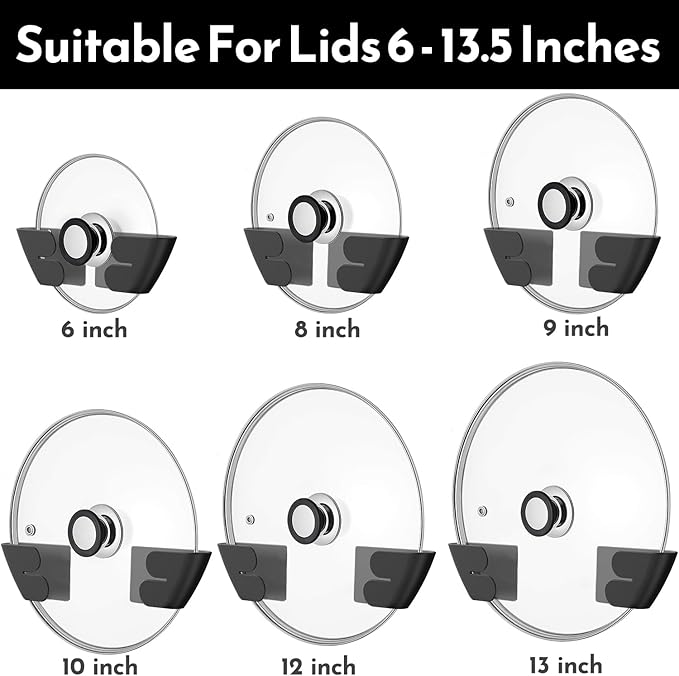 Universal Adjustable Pot Lid Organizer for Cabinet - Upgraded Patented Set of 4 Pan Lids Organizers Inside Cabinet Door Wall Mount Pots Top Holder for Kitchen Cupboard, Fits 6" to 14" (Black)