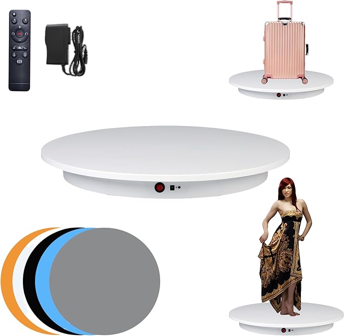 JAYEGT Motorized Rotating Display Stand,350Lbs Load，360 Degree Electric Rotating Potography Turntable for Products Display，Live Show， Remote Control +5 Colors Backgrounds (White / 16.5inch /Wired)
