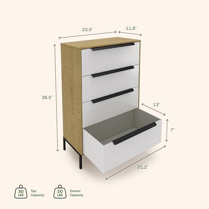 tinge Lira Premium Fabric Dresser - Solid Wooden Frame, 4 Spacious Sag-Proof Drawers with Sleek Metal Handles - Sleek & Durable Storage Solution for Your Home (Light Brown)