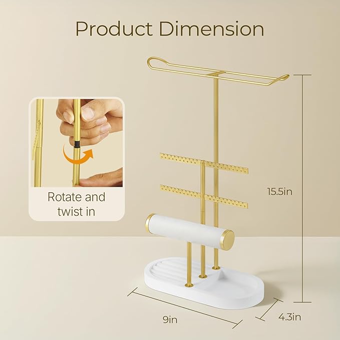 3 Tiers Jewelry Organizer, Earring Holder Organizer with 80 Holes, T-Bar Beige Velvet Bracelet Holder for HeadBands, Earrings, Bracelets, Rings Jewelry Holder Organizer- White Gold